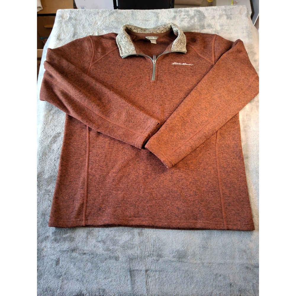 Eddie Bauer Mens Large Rust Orange Marl Fleece‎ Quarter Zip Pullover Sweater
